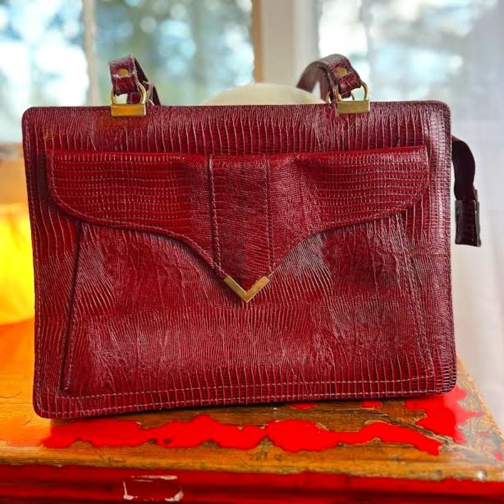 Crown Vintage Burgundy Leather Snakeskin Print Shoulder Bag